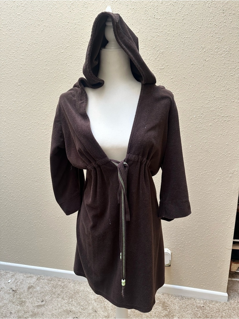 VTG Y2K Old Navy Women’s XL Babydoll Brown Velour Terry Hooded V-Neck Mini Dress